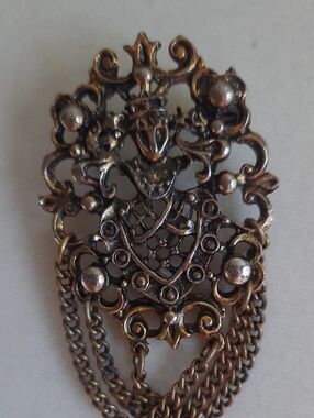 Ornate Filigree Chain Drop Brooch in Antique Gold Tone